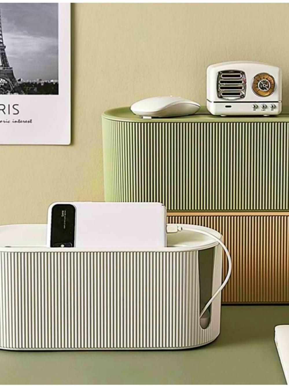 Sage Green cord organizer bin for desk cable management.
